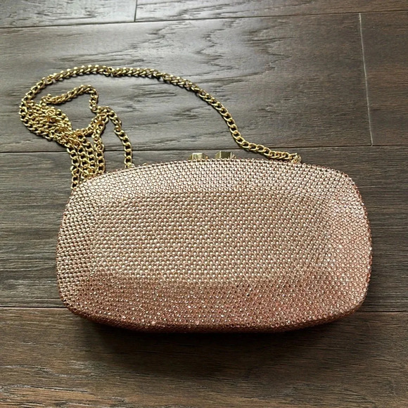 Rose Gold Rhinestone evening bag/clutch removable gold chain,rectangle-bevel cut - Picture 1 of 12